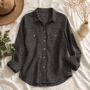 Black White Polka Dot Button Down Blouse Medium Workwear Minimalist Top